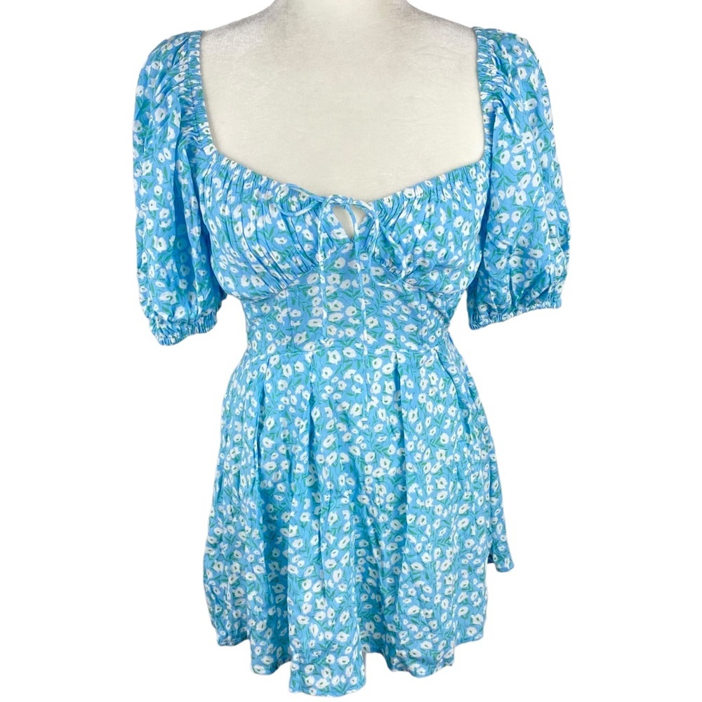 Skylar +madison blue dress peasant dress drawstring mini fit and flare floral S